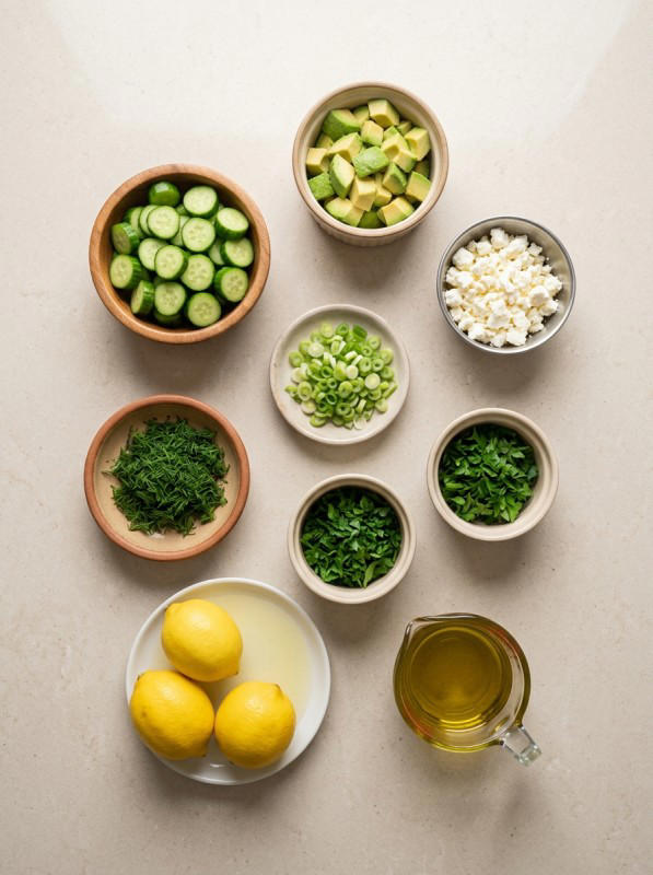 Cucumber avocado salad with feta and dill