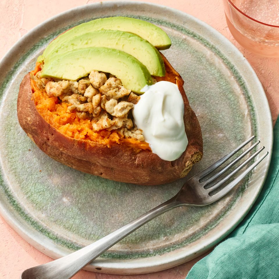 A recipe image of Sweet Potatoes Stuffed with Ground Turkey & Avocado.