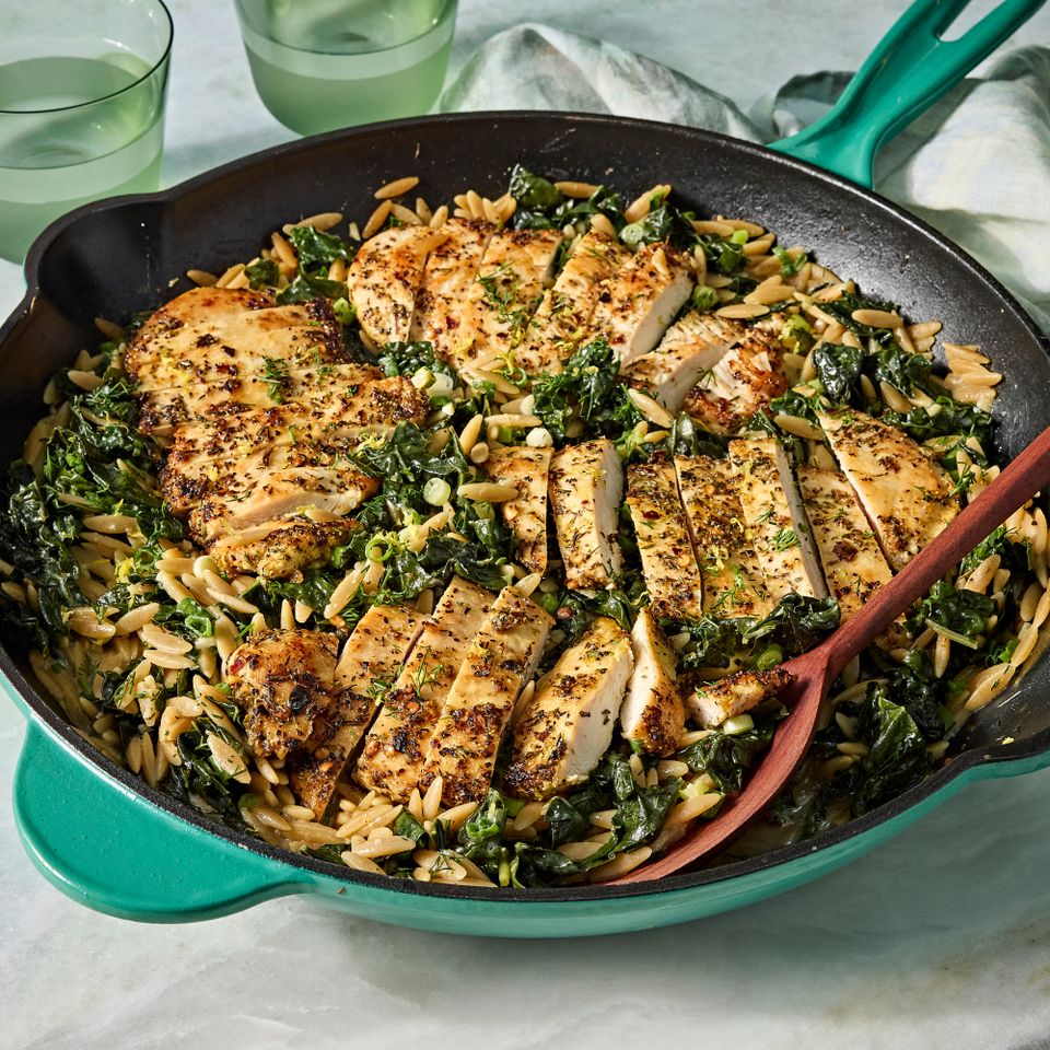 A recipe image of High-Protein Dill Chicken Orzo.