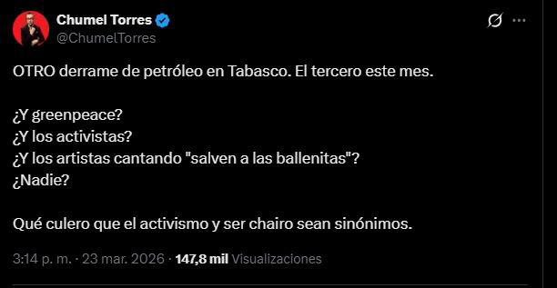 Chumel Torres reaccionan a derrame de petróleo en Golfo de México. Foto: Captura de pantalla