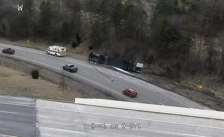 Semi flips over on ramp from I-271 S to I-71 S in Medina County