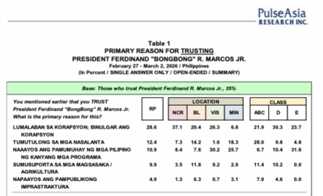 Filipinos who trust Marcos cite anti-corruption efforts, Pulse survey shows