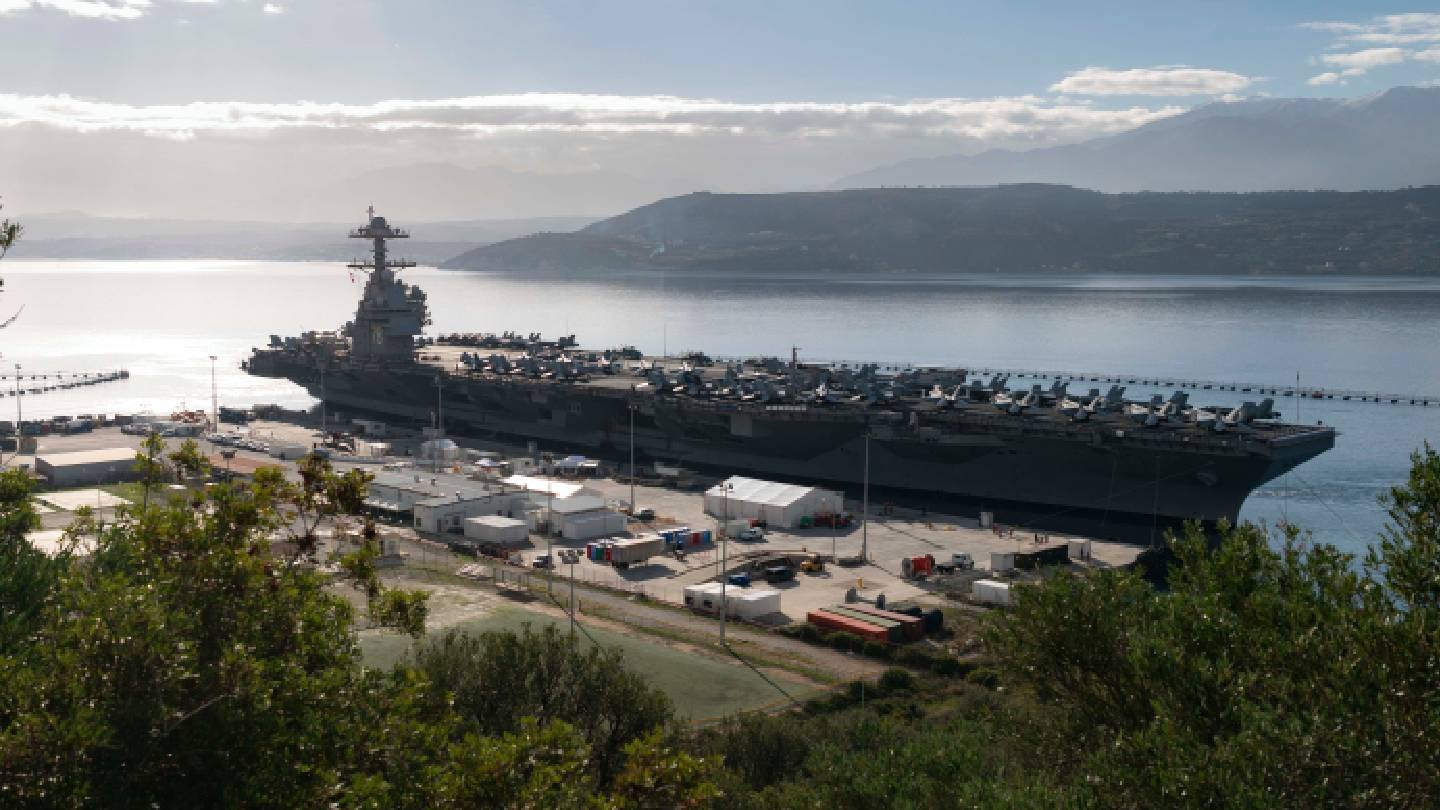 USS Gerald R Ford docks in Crete for maintenance after Red Sea fire