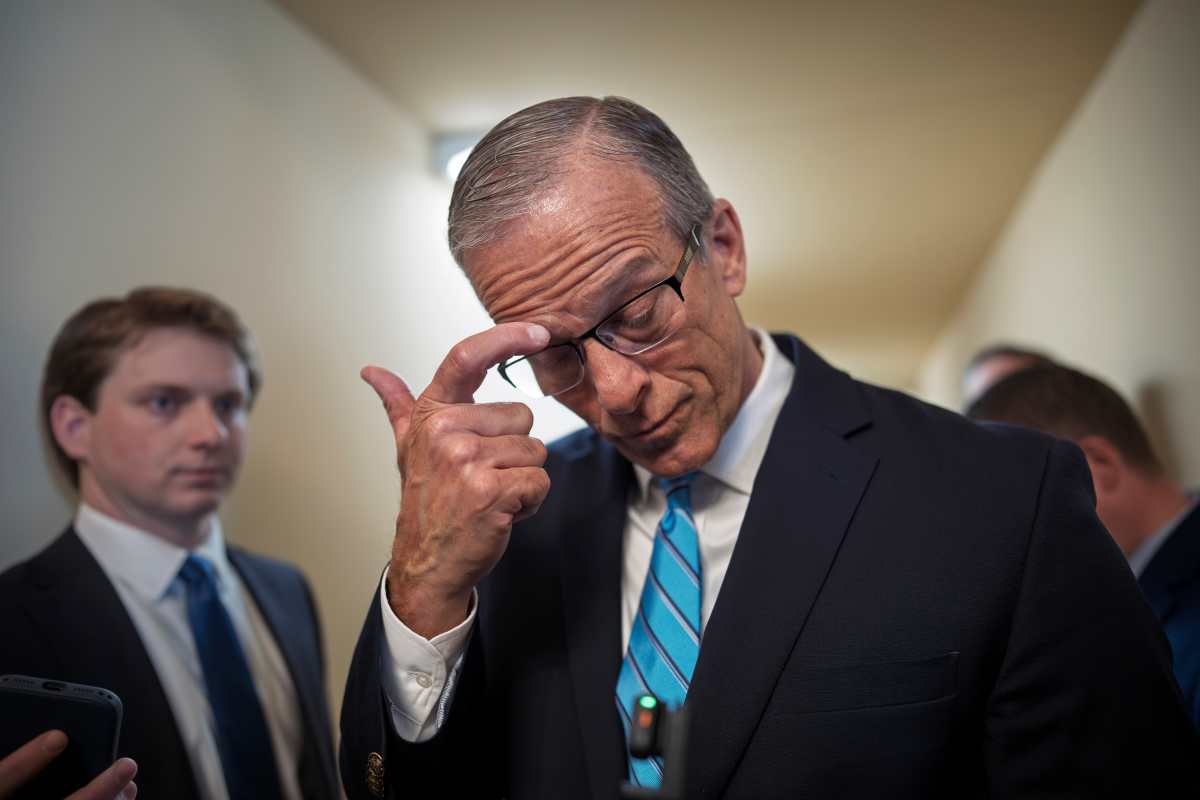 Senate Majority Leader John Thune, R-S.D., talks to reporters about a funding bill to end the shutdown of the Department of Homeland Security shutdown that began more than a month ago, at the Capitol in Washington, Monday, March 23, 2026. (AP Photo/J. Scott Applewhite)