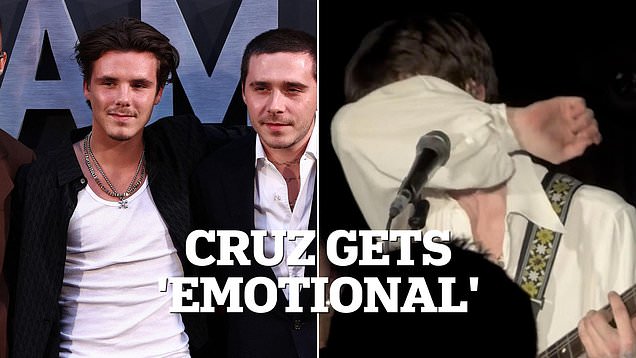 Cruz Beckham is overcome with emotion during performance