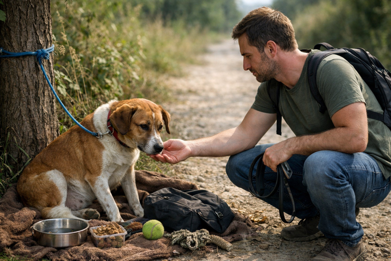 Trova un cane abbandonato legato con le sue cose e decide di salvarlo ...