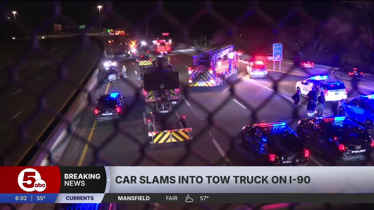 Car slams into tow truck on I-90 westbound