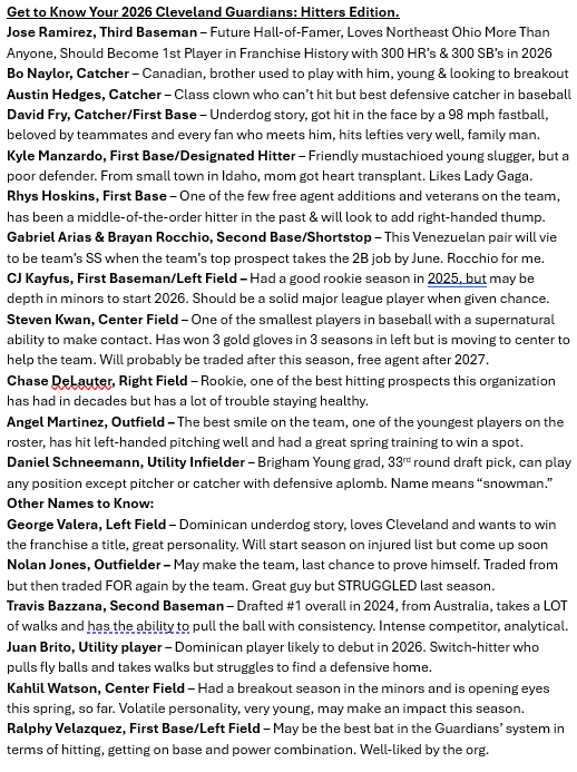 Guardians opening day roster cheat sheets