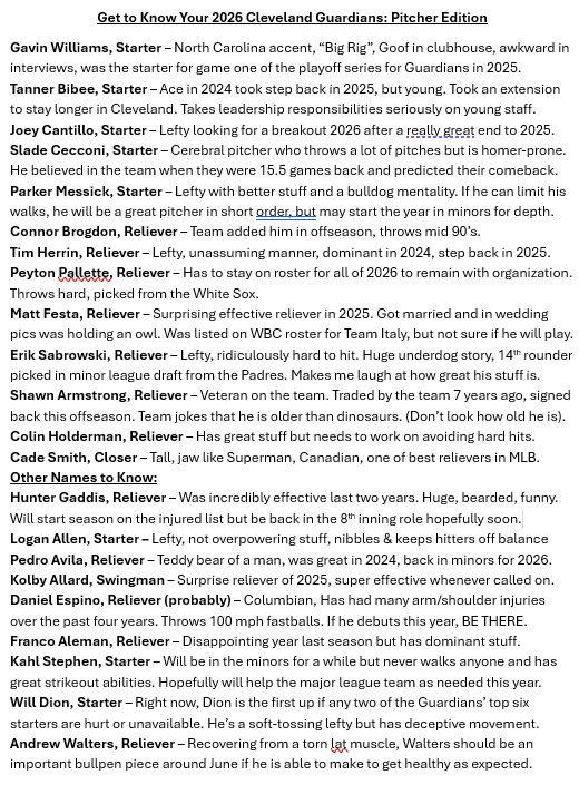 Guardians opening day roster cheat sheets