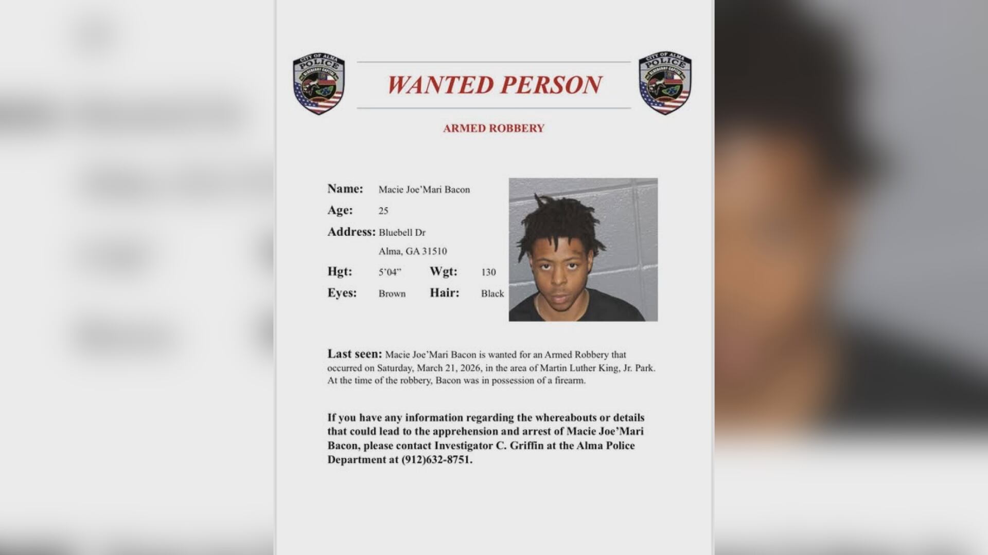 Man wanted for armed robbery in Alma, police searching for information ...