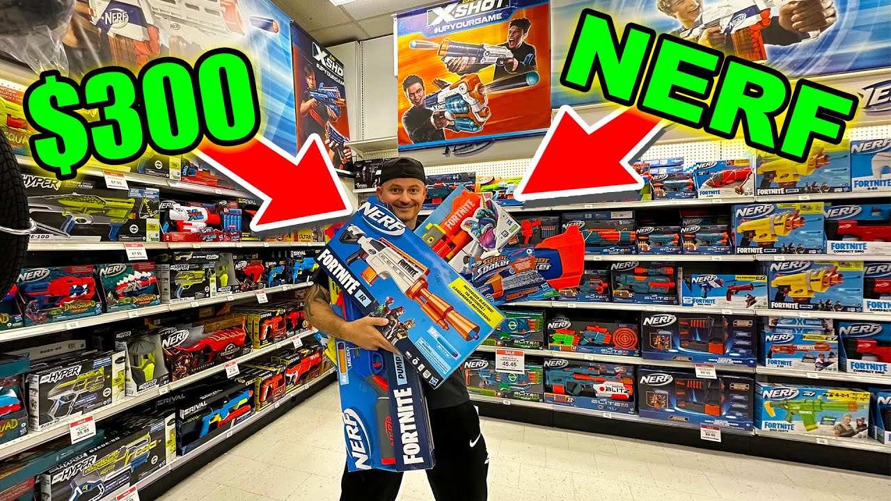 Epic Nerf shopping spree challenge at Toys R Us! Double punch blaster ...