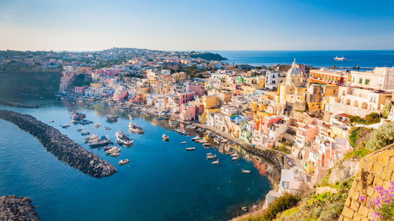 Panoramic,View,Of,Marina,Corricella,In,Procida,Island,With,Colorful