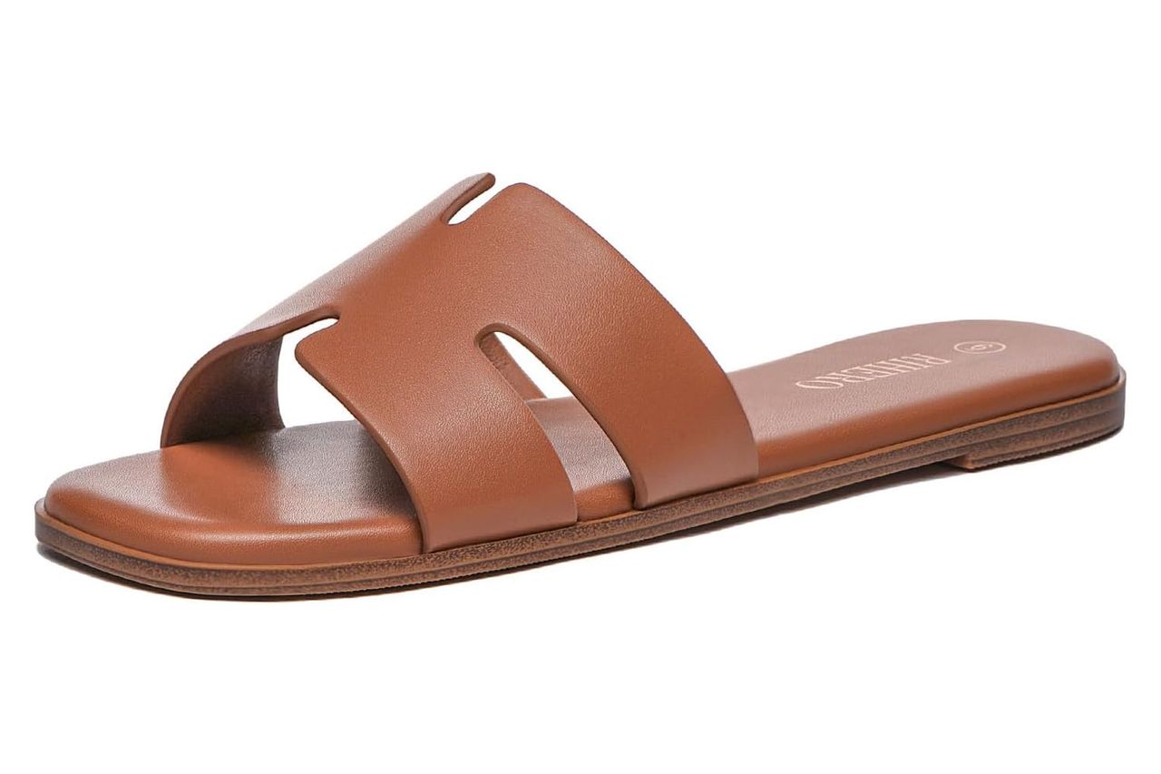 Rihero Women's Dressy Flat Sandals Comfortable Slip On Leather Slide Sandals