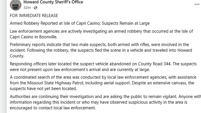 Law enforcement investigate armed robbery at Boonville casino, two ...