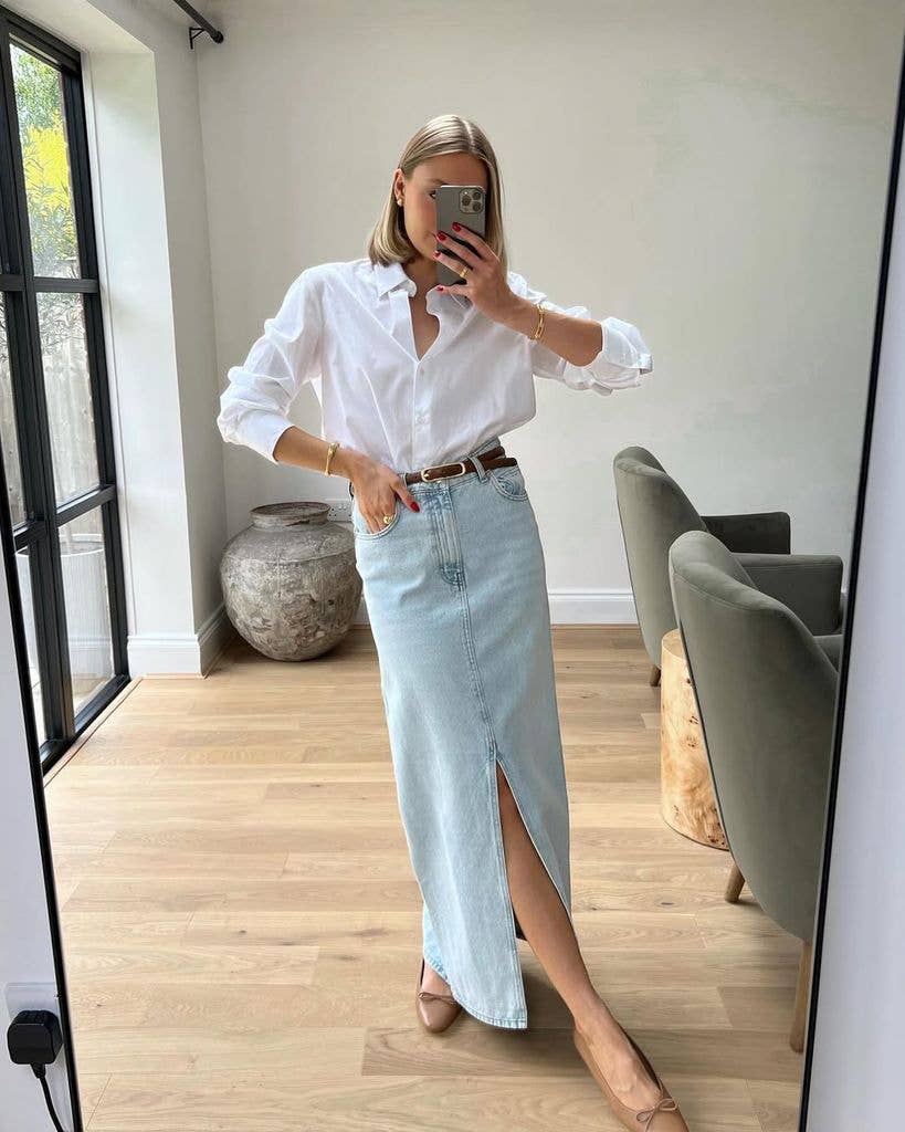Denim maxi skirt outfit