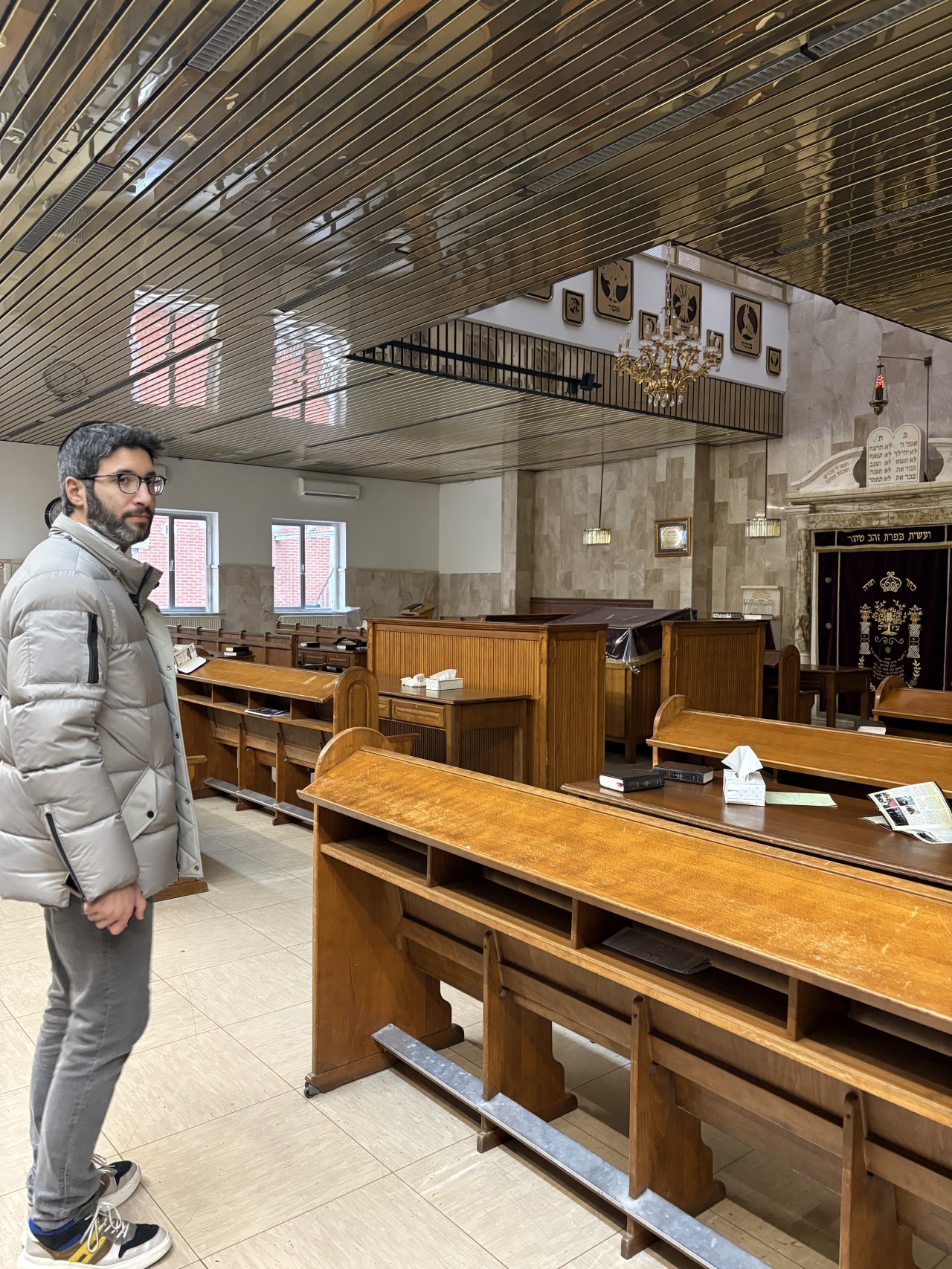 Gershon Rosenberg, in the synagogue in Antwerp that his grandfather built.