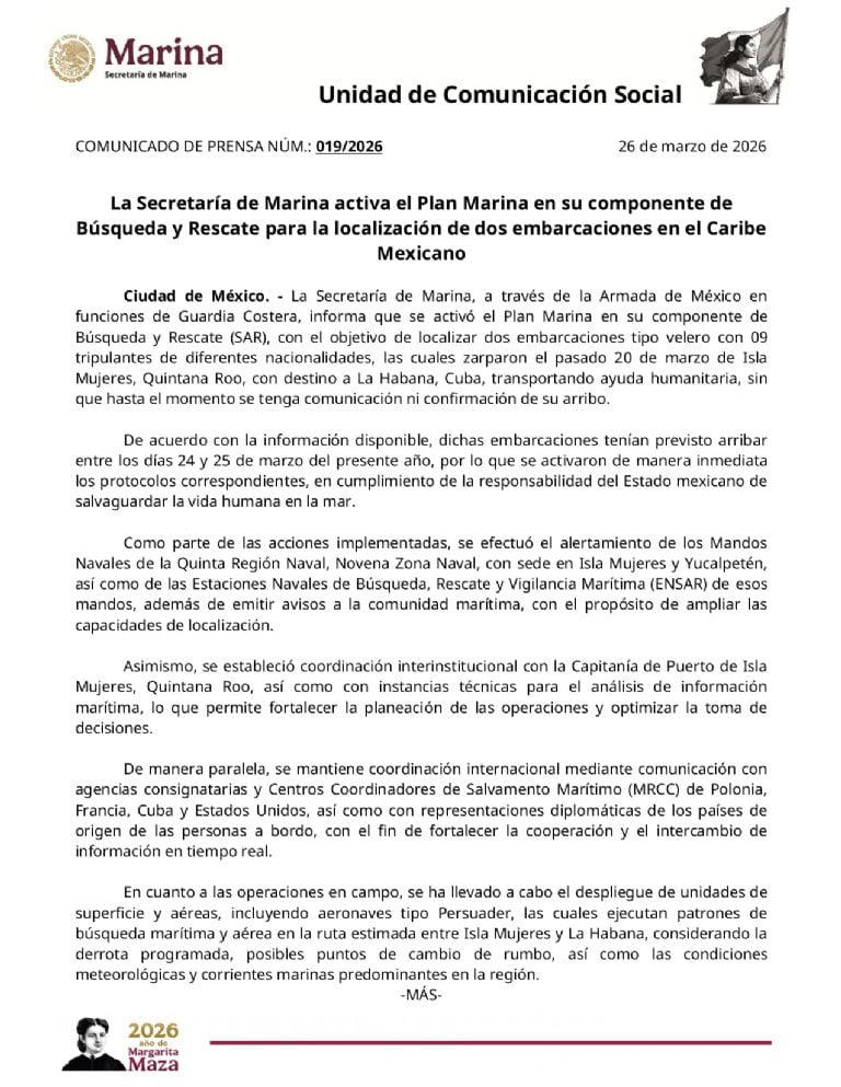 Semar reporta la desaparición de dos veleros que llevaban ayuda humanitaria a Cuba