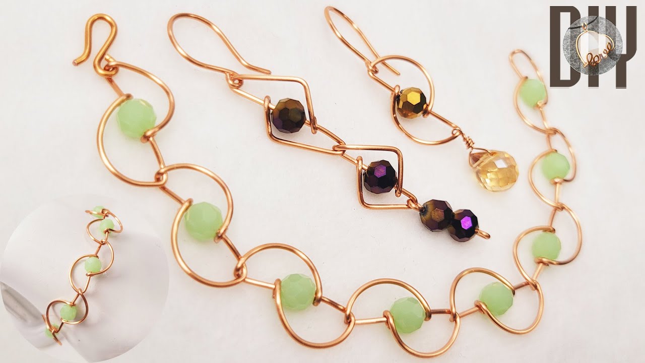 Semi-circle chain link bracelet, earrings, crystal beads, stone with ...
