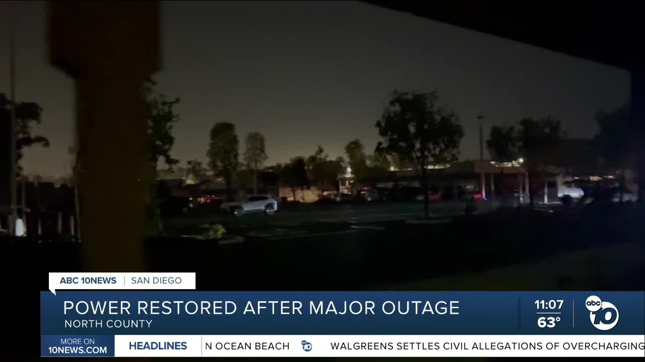 Power restored after outage impacts thousands in North San Diego County