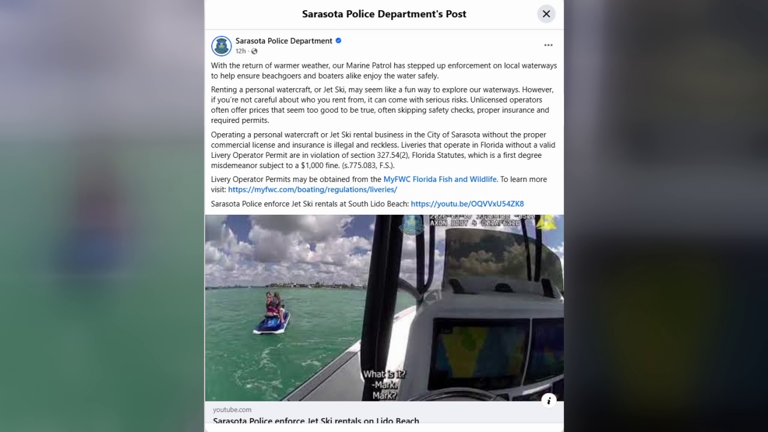 Sarasota police crack down on illegal jet ski rentals after deadly crash