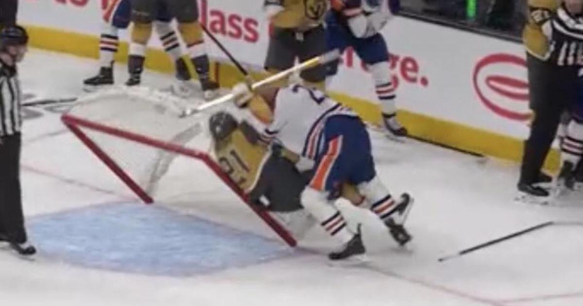 Oilers-Golden Knights erupt in wild brawl: net flips, official hurt ...