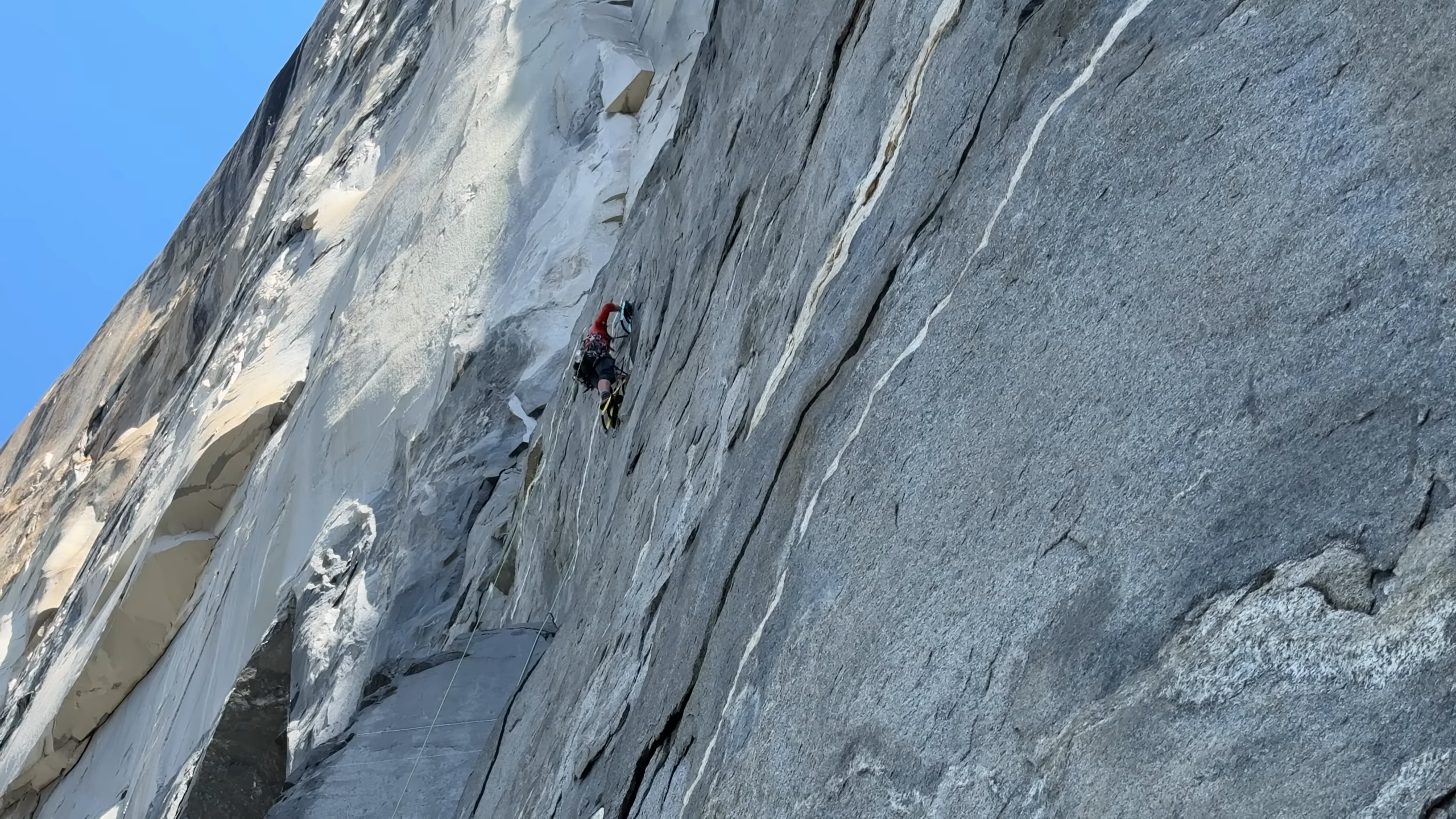 A climber almost comes off Zodiac on El Capitan