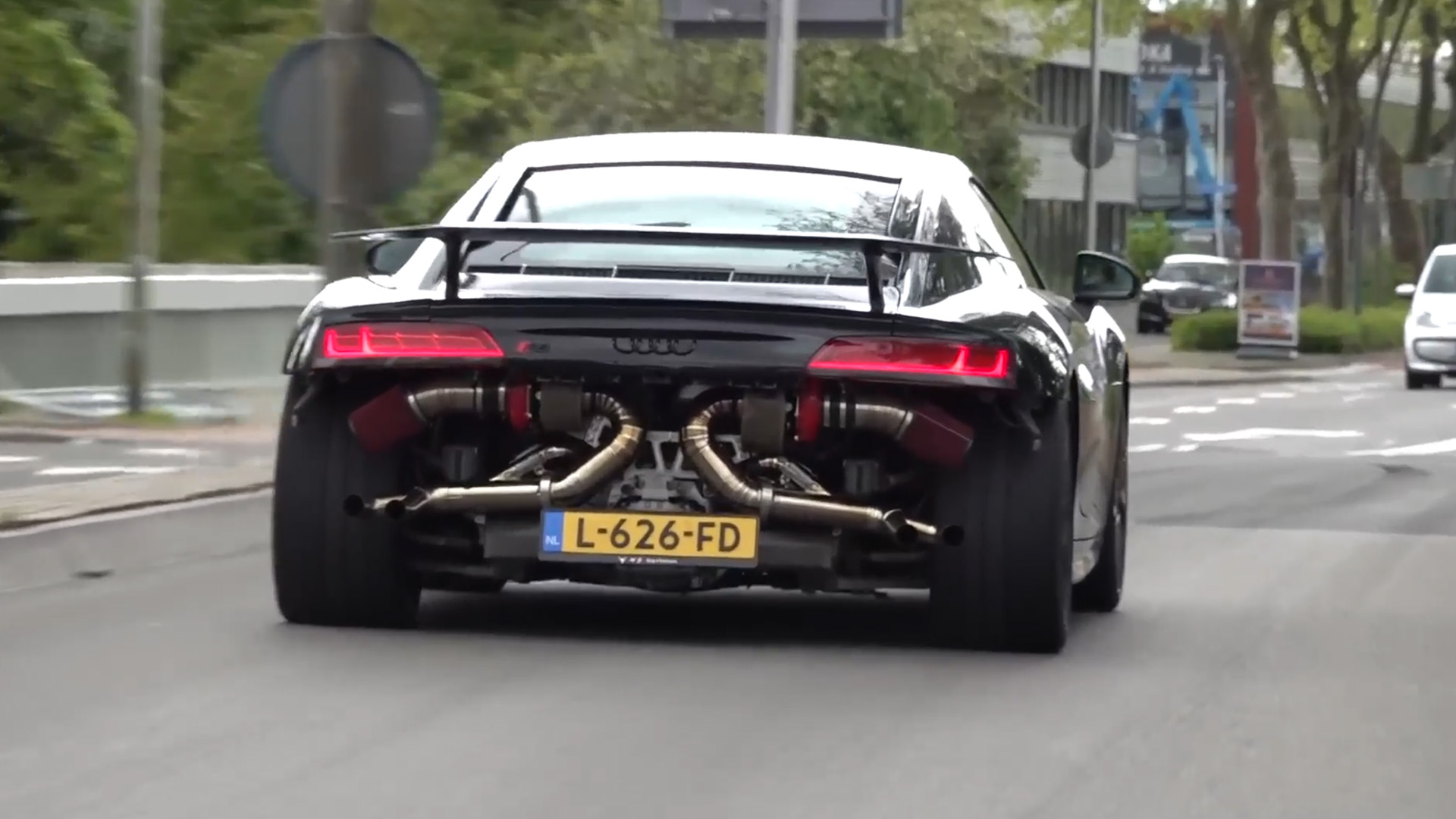 Brutal twin turbo Audi R8 accelerates on public road