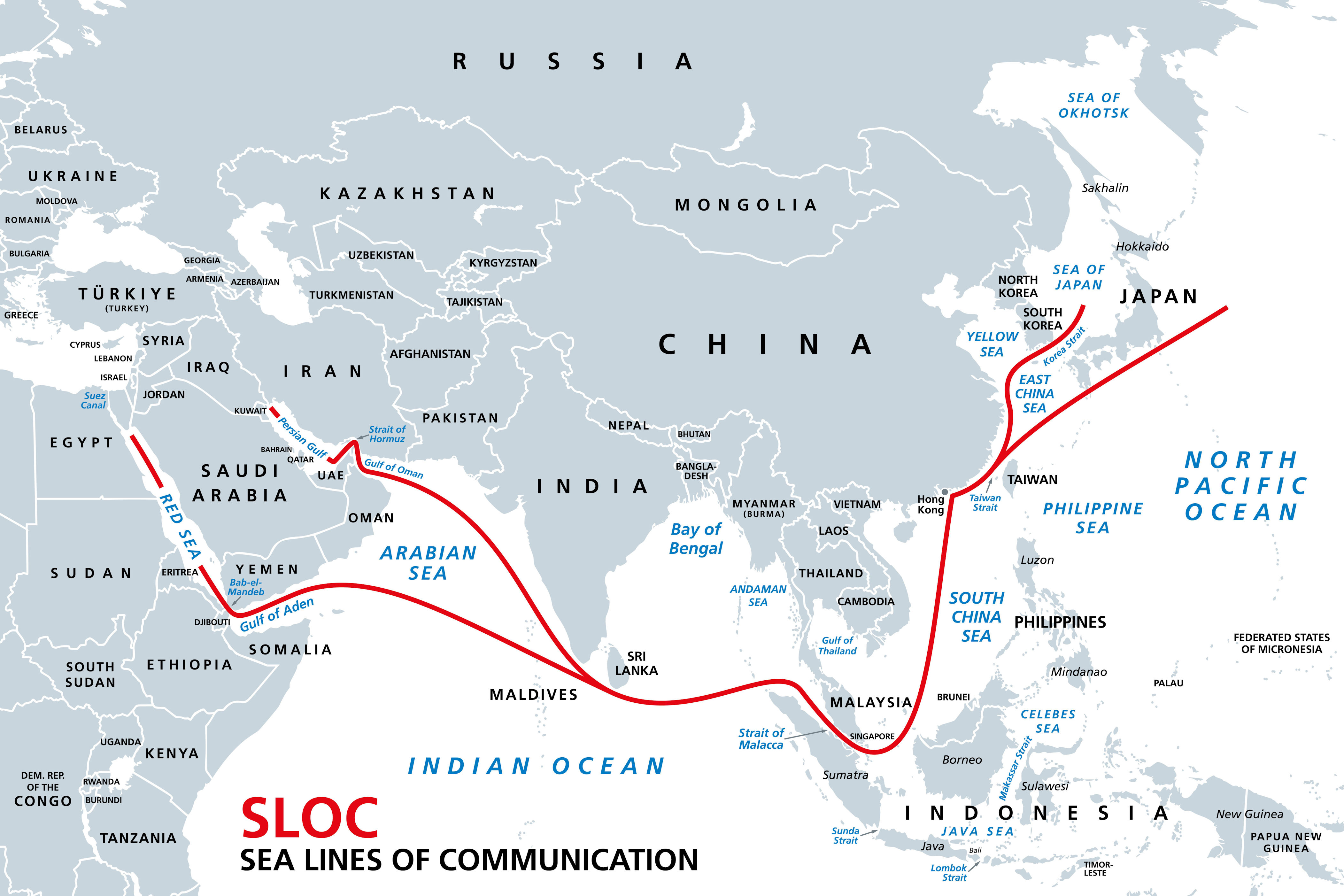A map shows major routes for energy resources and other trade from the Middle East to Asia, including the Bab el-Mandeb strait and the Strait of Hormuz. / Credit: Getty/iStockphoto