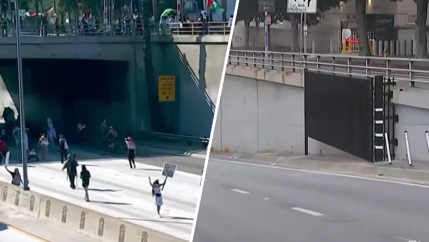 Metal security gates installed on downtown LA 101 Freeway ramps