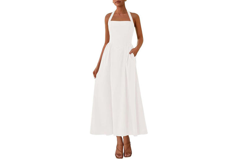 knee length dresses for ladies Show Me Your Mumu Jasmine Halter Maxi Dress Luxe Satin Ivory MD main image 1