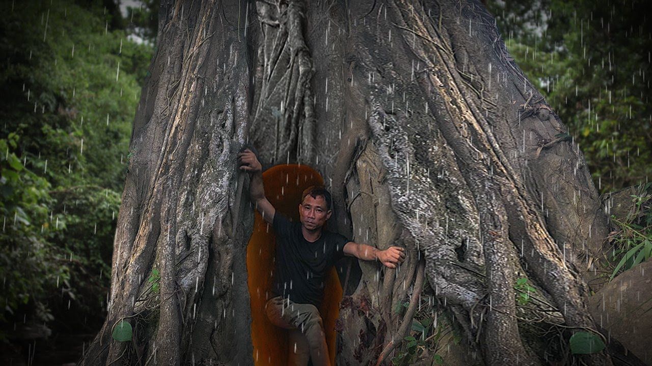 Wilderness survival build: Tree trunk shelter with fireplace and ...