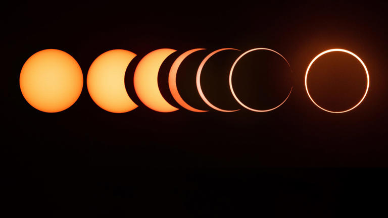 The entire sequence of an annular solar eclipse, from the beginning to the ring of fire. goh keng cheong / Getty Images