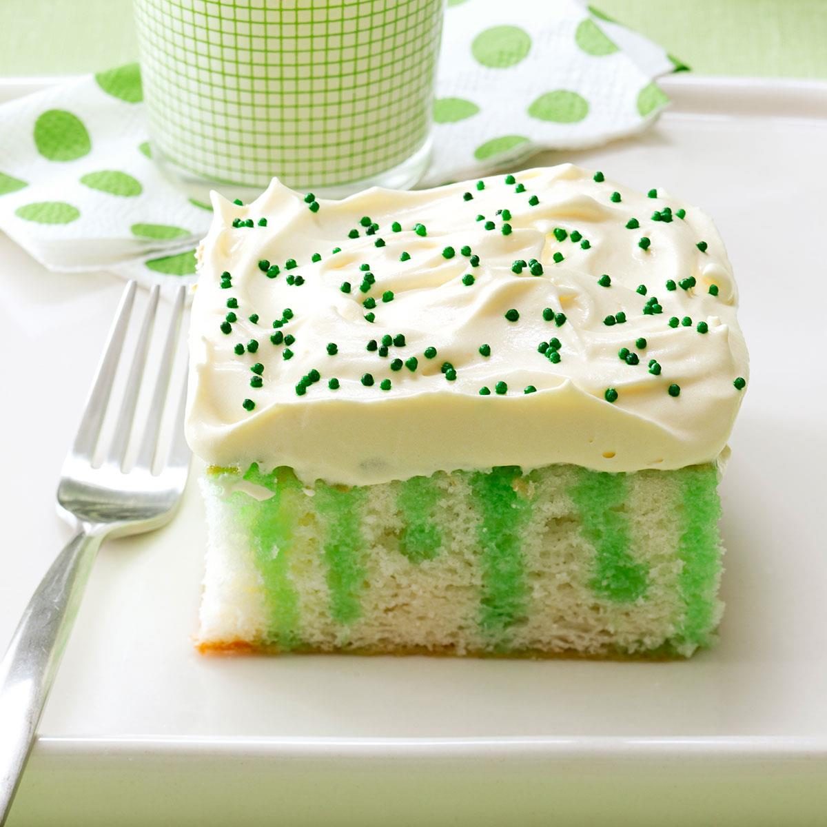 <p>You're in luck if your birthday is in March: You get to celebrate with this tender poke cake! It's flavored and striped with lime, and finished with a rich vanilla topping (and candles, of course).</p> <div class="listicle-page__buttons"> <div class="listicle-page__cta-button"><a href='https://www.tasteofhome.com/recipes/wearing-o-green-cake/'>Get the Wearing O' Green Cake Recipe</a></div> </div>
