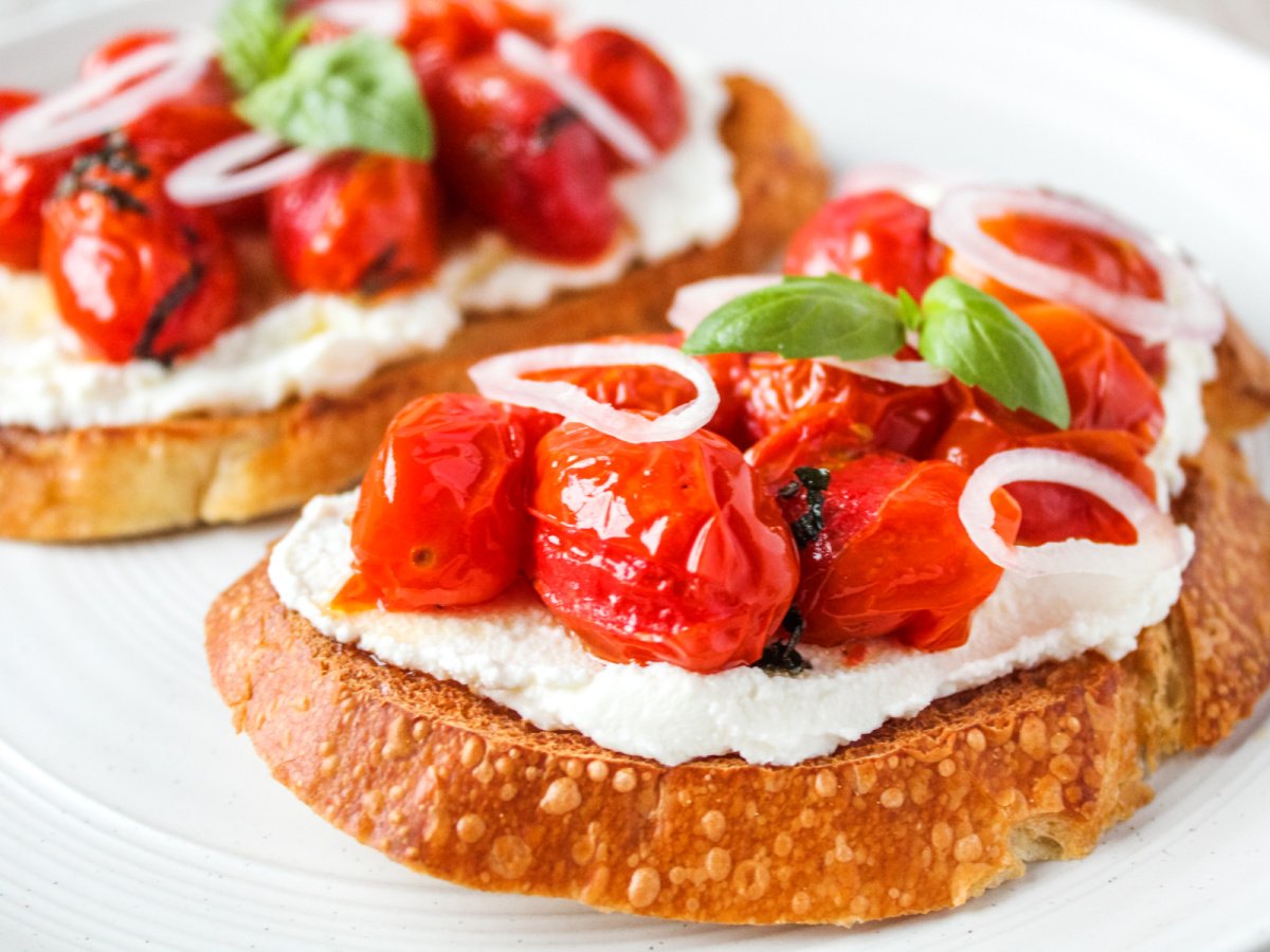 Oven Roasted Garlic Tomato Toast with Ricotta and Basil