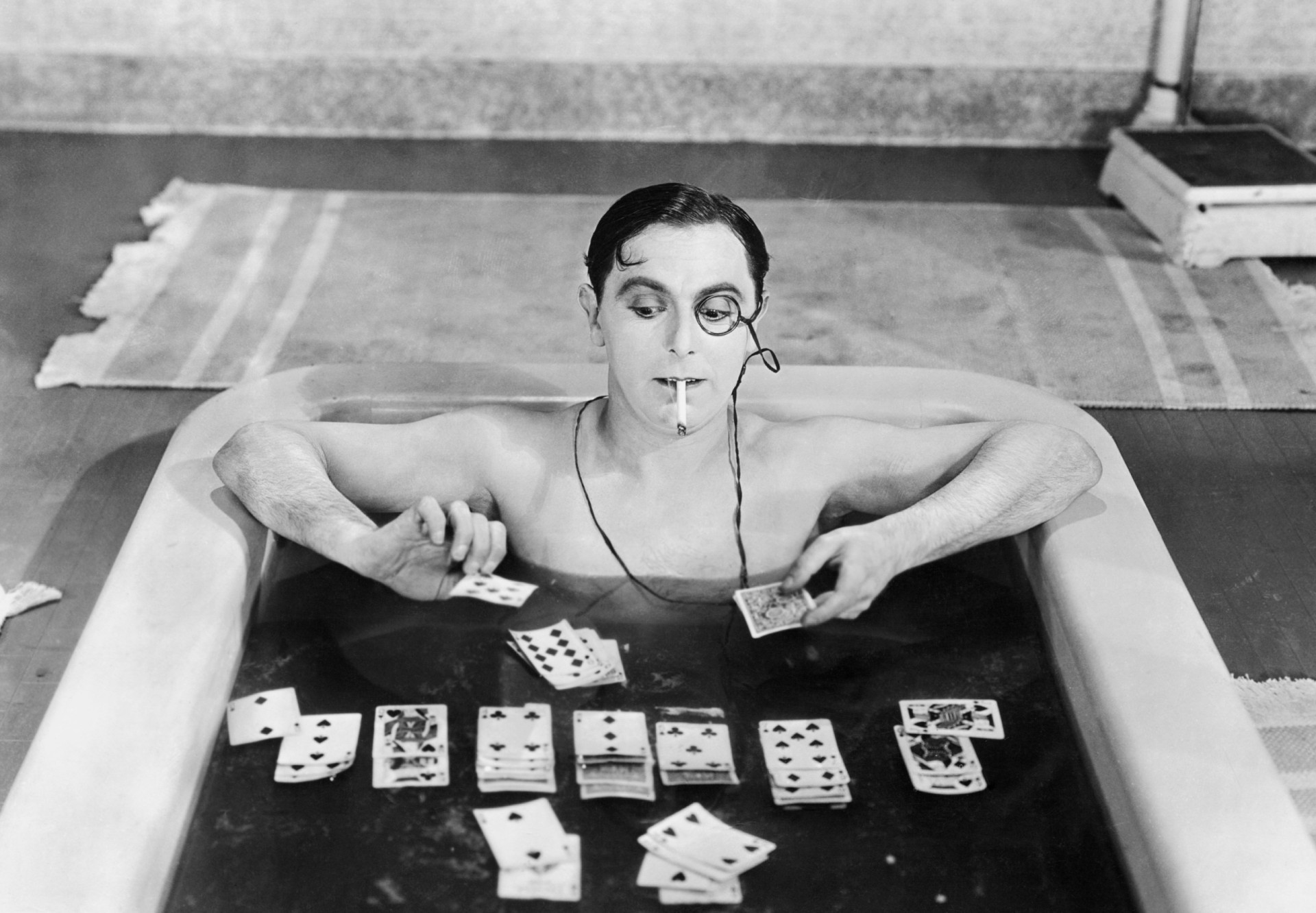 <p>In this scene from 'Fool's Luck,' a silent comedy film directed by Roscoe "Fatty" Arbuckle, English actor Lupino Lane plays solitaire in the bath. His cousin was the actress, writer, and director Ida Lupino, one of the most prominent female filmmakers working in 1950's Hollywood.</p><p>You may also like:<a href="https://www.starsinsider.com/n/395845?utm_source=msn.com&utm_medium=display&utm_campaign=referral_description&utm_content=546036en-en"> Say cheese! The most dazzling celebrity smiles</a></p>