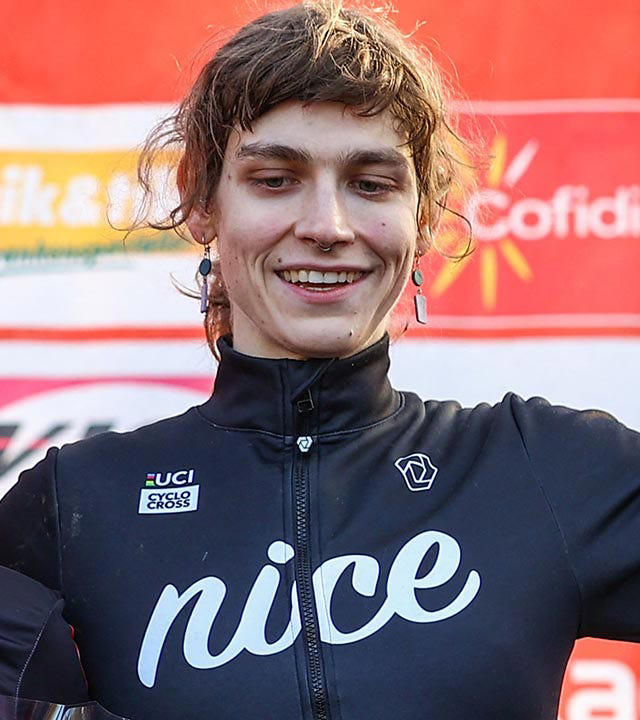 Austin Killips on the podium after the women's elite race of the "Kasteelcross" cyclocross in January 2023. DAVID PINTENS/BELGA MAG/AFP via Getty Images