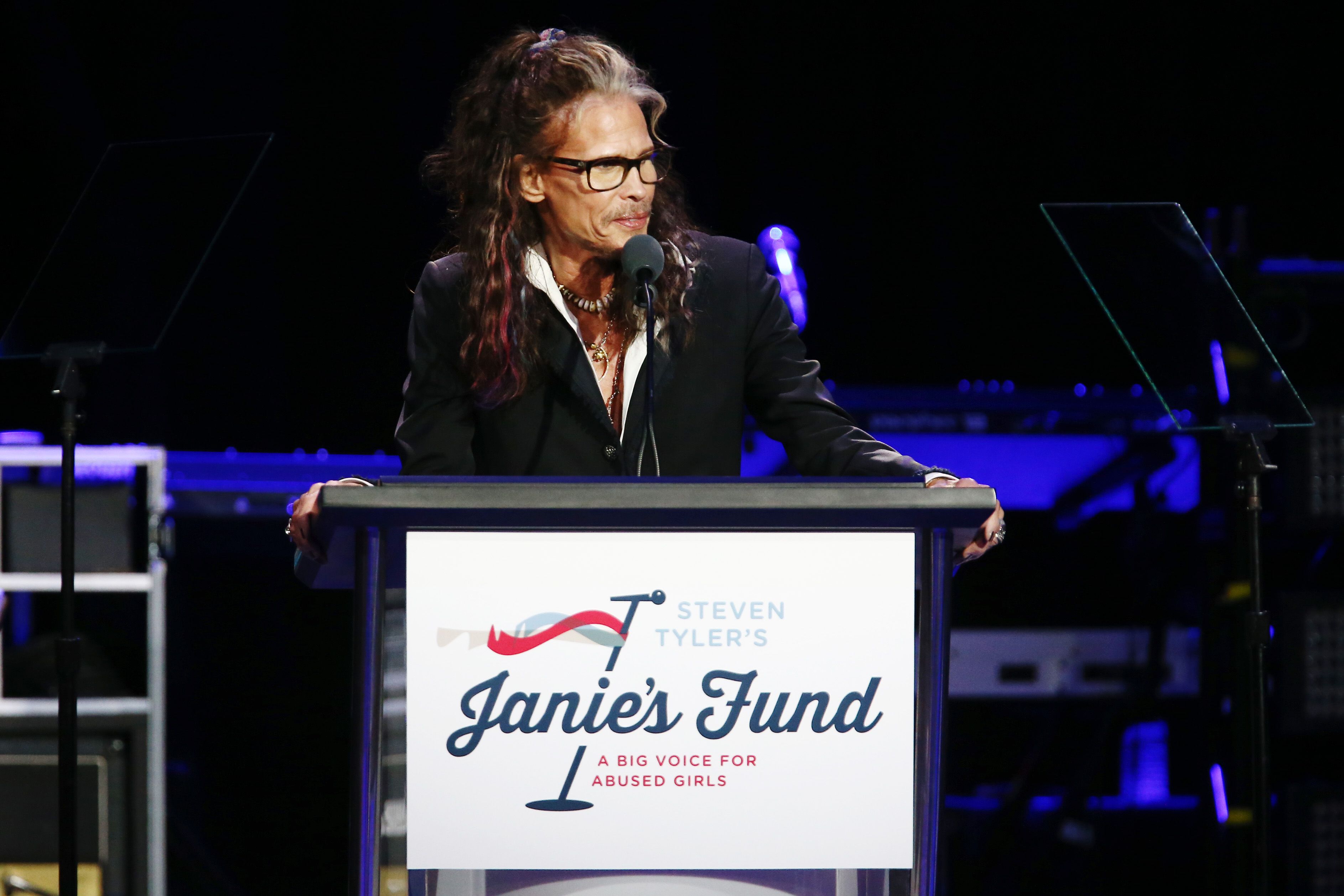 LOS ANGELES, CALIFORNIA - APRIL 03: Steven Tyler speaks onstage during Steven Tyler's 4th Annual GRAMMY Awards® Viewing Party benefitting Janie's Fund presented by Live Nation at Hollywood Palladium on April 03, 2022 in Los Angeles, California. (Photo by Tommaso Boddi/Getty Images for Janie's Fund)