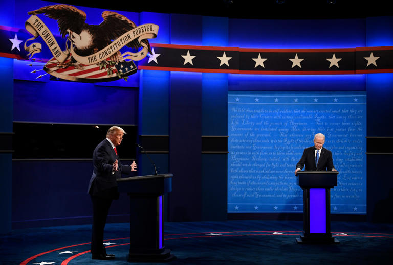 President Donald Trump, left and Former Vice President Joe Biden at the final debate held in the Curb Event Center at Belmont University on Thursday, Oct. 22, 2020, in Nashville, Tenn.