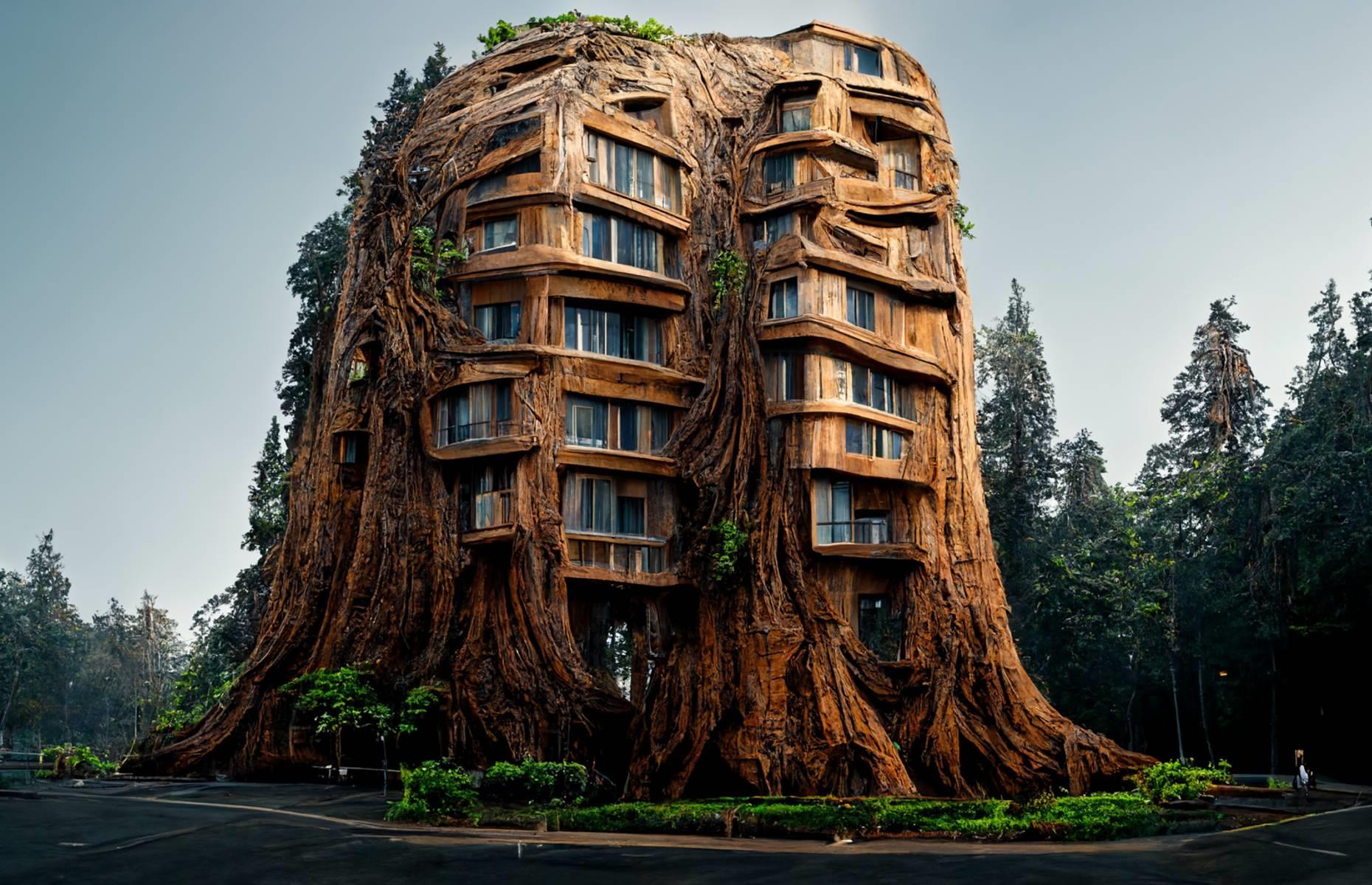 Presenting a bold new vision for what the structures of the future could look like, Indian architect Manas Bhatia has designed a number of nature-inspired buildings using the artificial intelligence (AI) tool Midjourney. He inputted text descriptions including “giant”, ”hollowed”, ”tree”, ”stairs”, ”facade” and ”plants” into the software to create these digital images, which envision giant apartment blocks inside hollowed-out redwood trees.