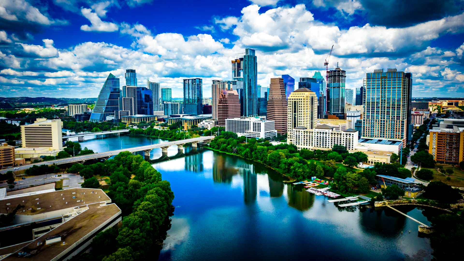 Perfect blue reflections of Austin Texas Cityscape of Town Lake
