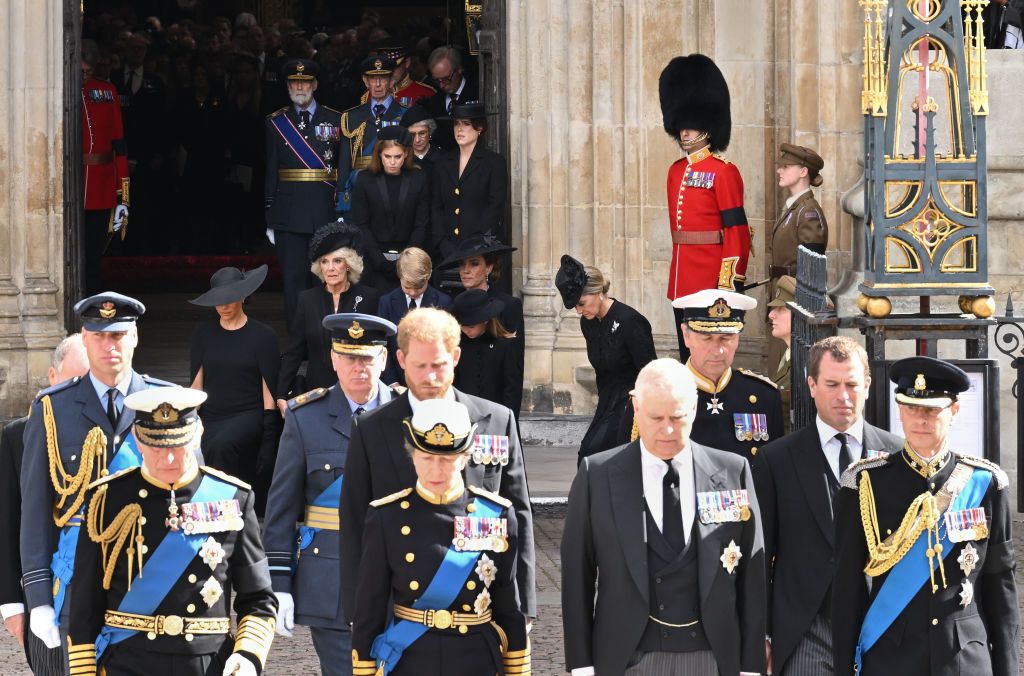 <p>At the late monarch's funeral, members of the family pay their respects to the passing coffin of Queen Elizabeth II, including Duchess Meghan, Queen Camilla, Princess Beatrice, Princess Eugenie, Princess Kate, Duchess Sophie, Prince George, and Princess Charlotte.</p>