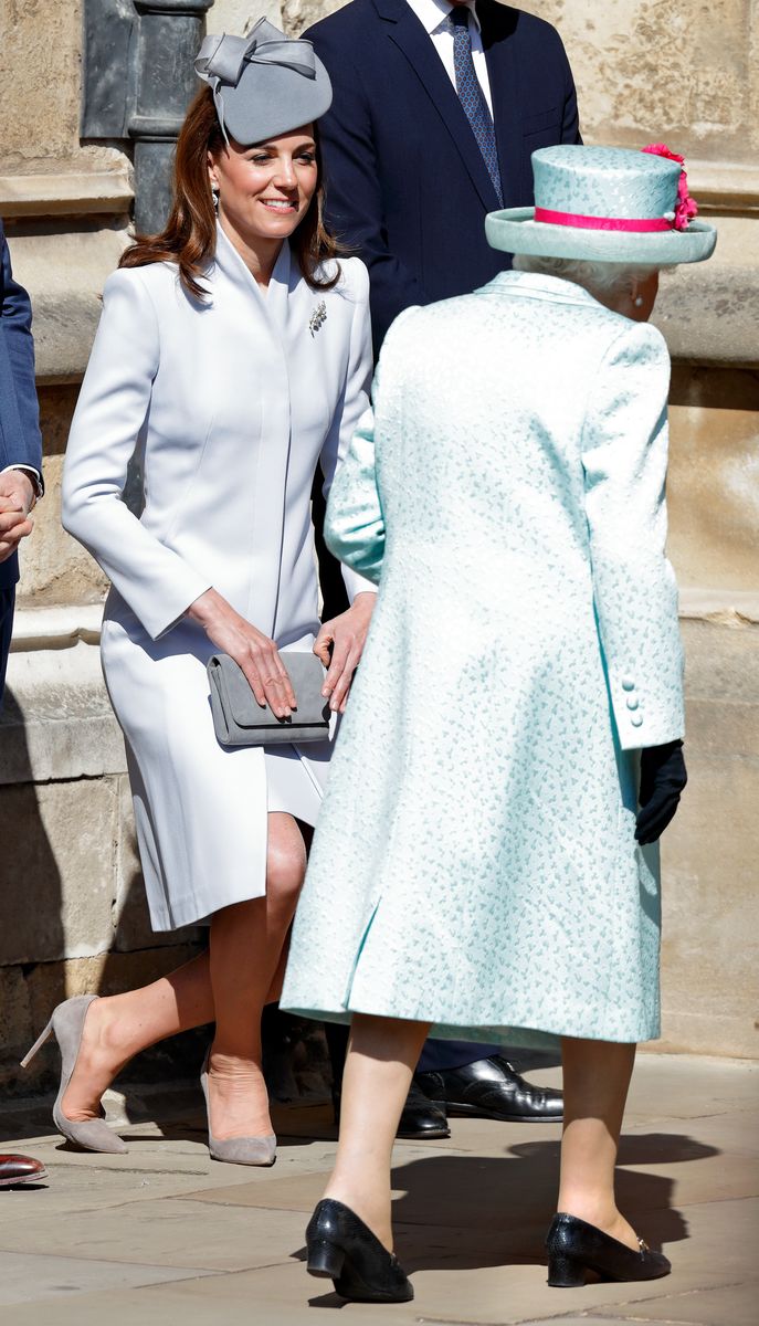<p>Kate dips into a curtsy at the Easter service at St George's Chapel as the queen walks past. </p>