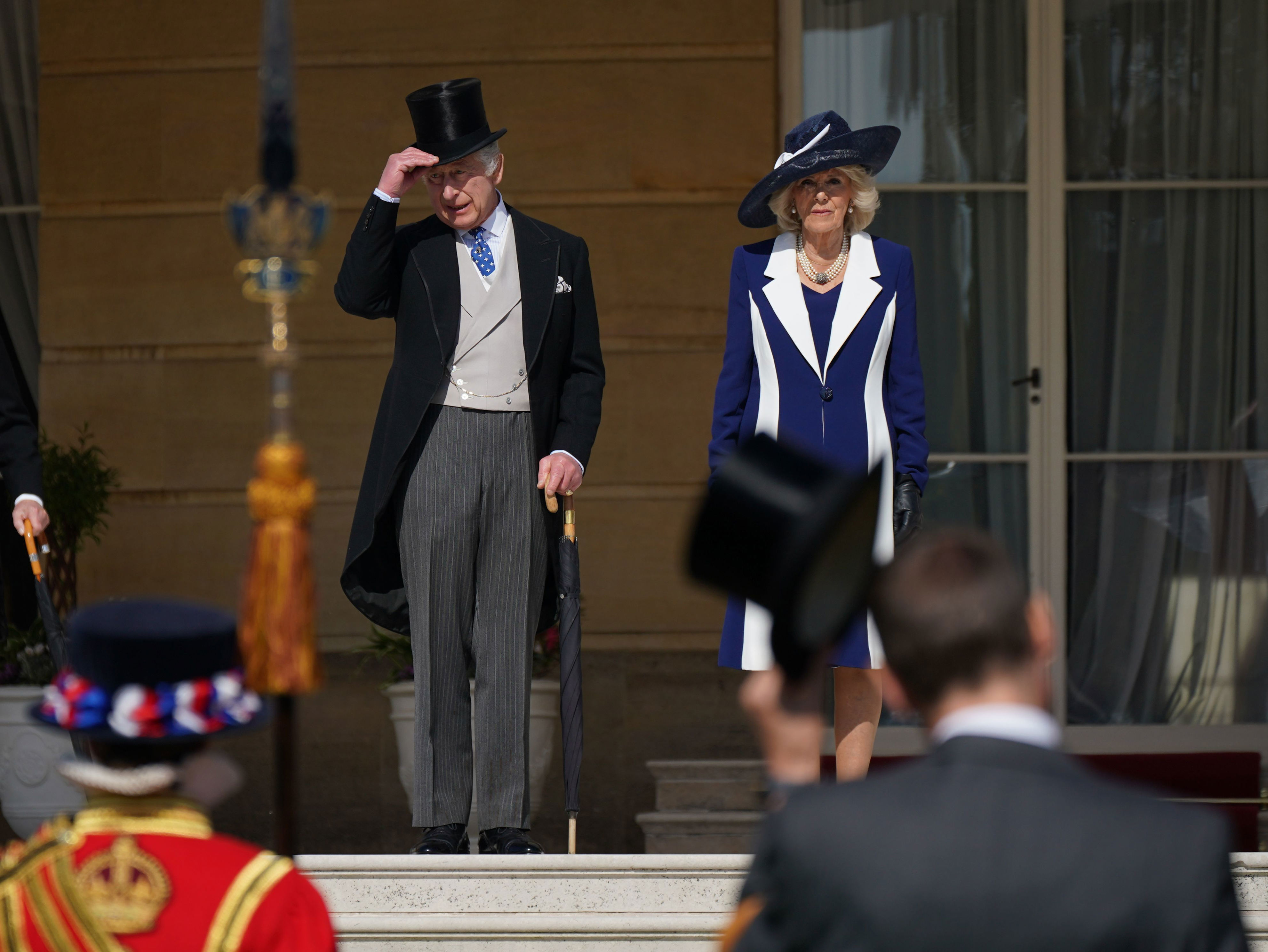 <p>King Charles III and Queen Consort Camilla arrived at a Buckingham Palace garden party in London on May 3, 2023, in celebration of their upcoming coronation.</p>