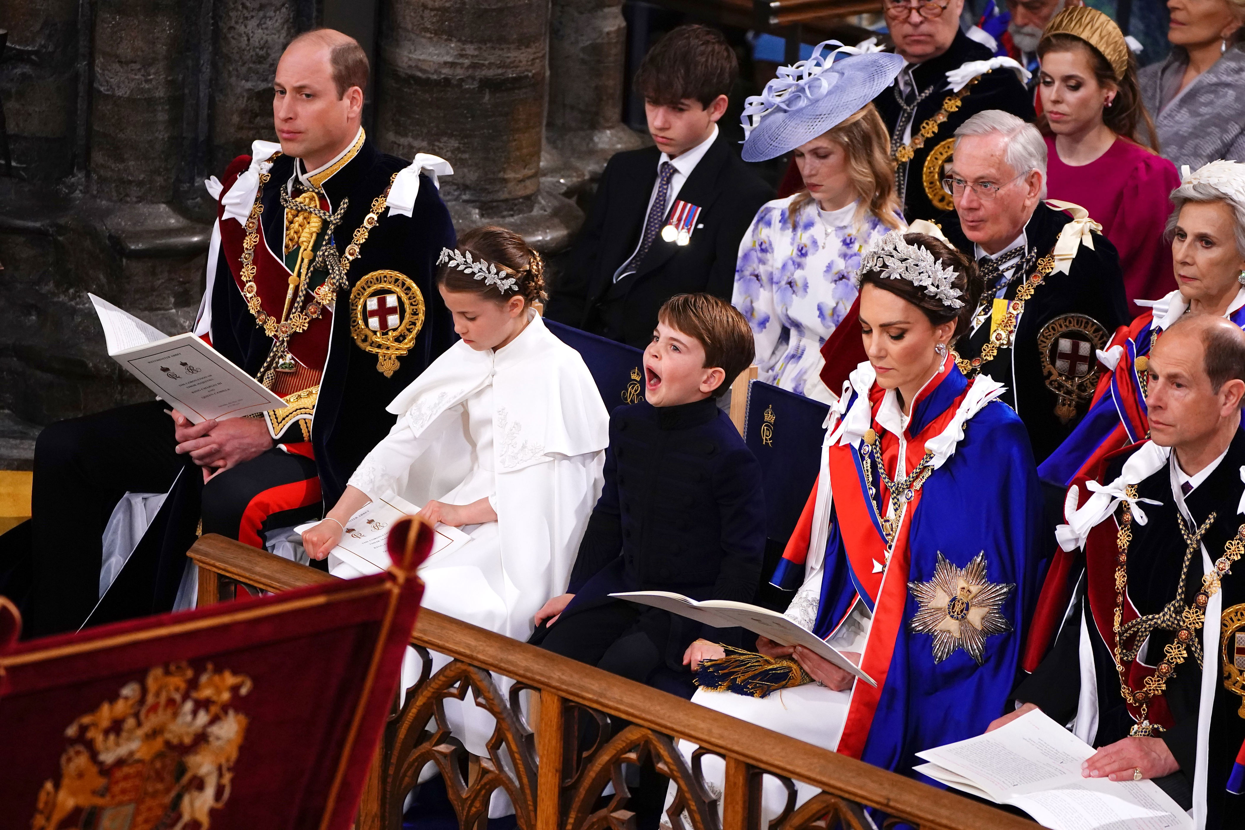 <p>Prince Louis yawned alongside sister Princess Charlotte while seated with parents Prince William and Princess Kate during <a href="https://www.wonderwall.com/celebrity/the-coronation-of-king-charles-iii-and-queen-camilla-the-best-pictures-of-all-the-royals-at-this-historic-event-735015.gallery">the coronation ceremony</a> of King Charles III and Queen Camilla in Westminster Abbey in London on May 6, 2023.</p>