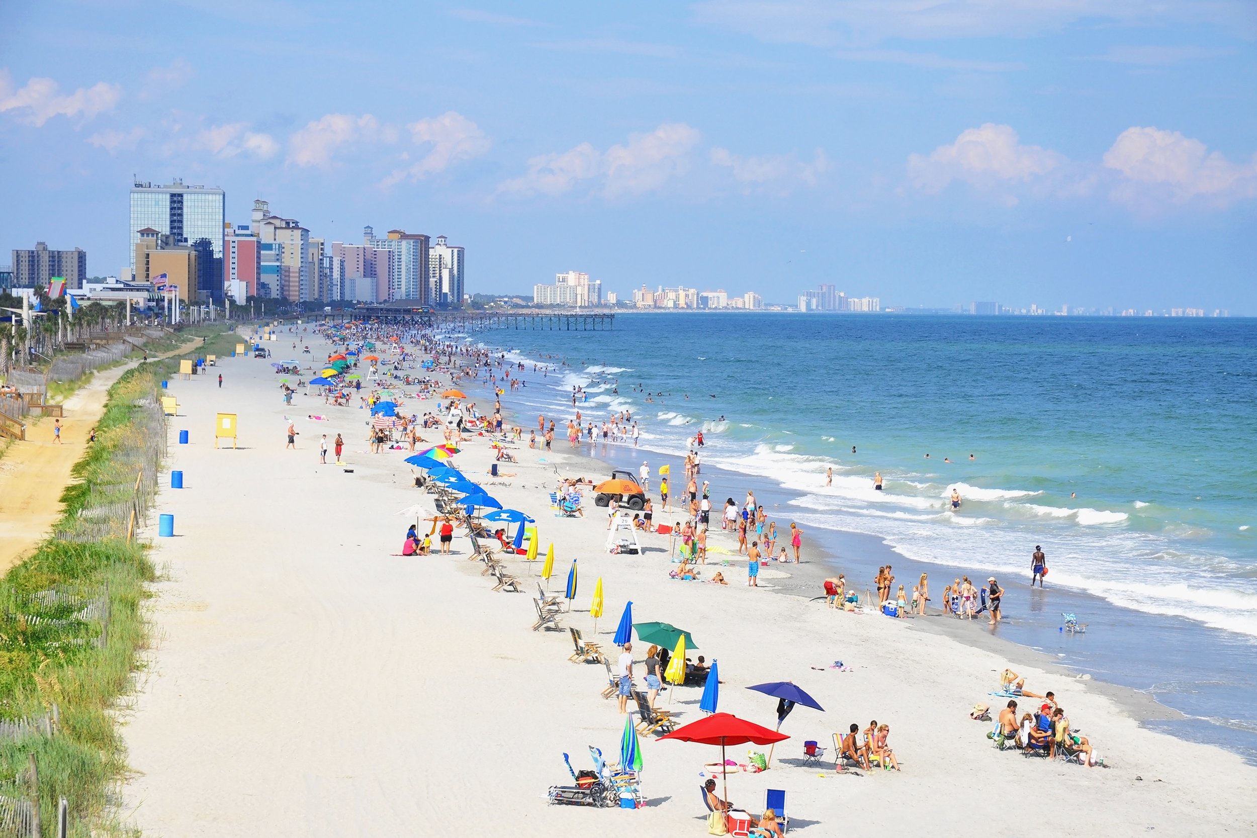 <p>At only 16.8 square miles, Myrtle Beach averages some 18.6 million visitors annually — talk about crowded. This coastal resort area is known for celebrity-designed golf courses, a boardwalk lined by arcades, and of course the beach, attracting enormous crowds starting in June when school is out. Try September or October instead.</p>