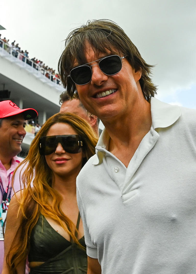 US actor Tom Cruise (R) and Colombian singer Shakira (L) attend the 2023 Miami Formula One Grand Prix at the Miami International Autodrome in Miami Gardens, Florida, on May 7, 2023. (Photo by CHANDAN KHANNA / AFP) (Photo by CHANDAN KHANNA/AFP via Getty Images) ORIG FILE ID: AFP_33EM66B.jpg