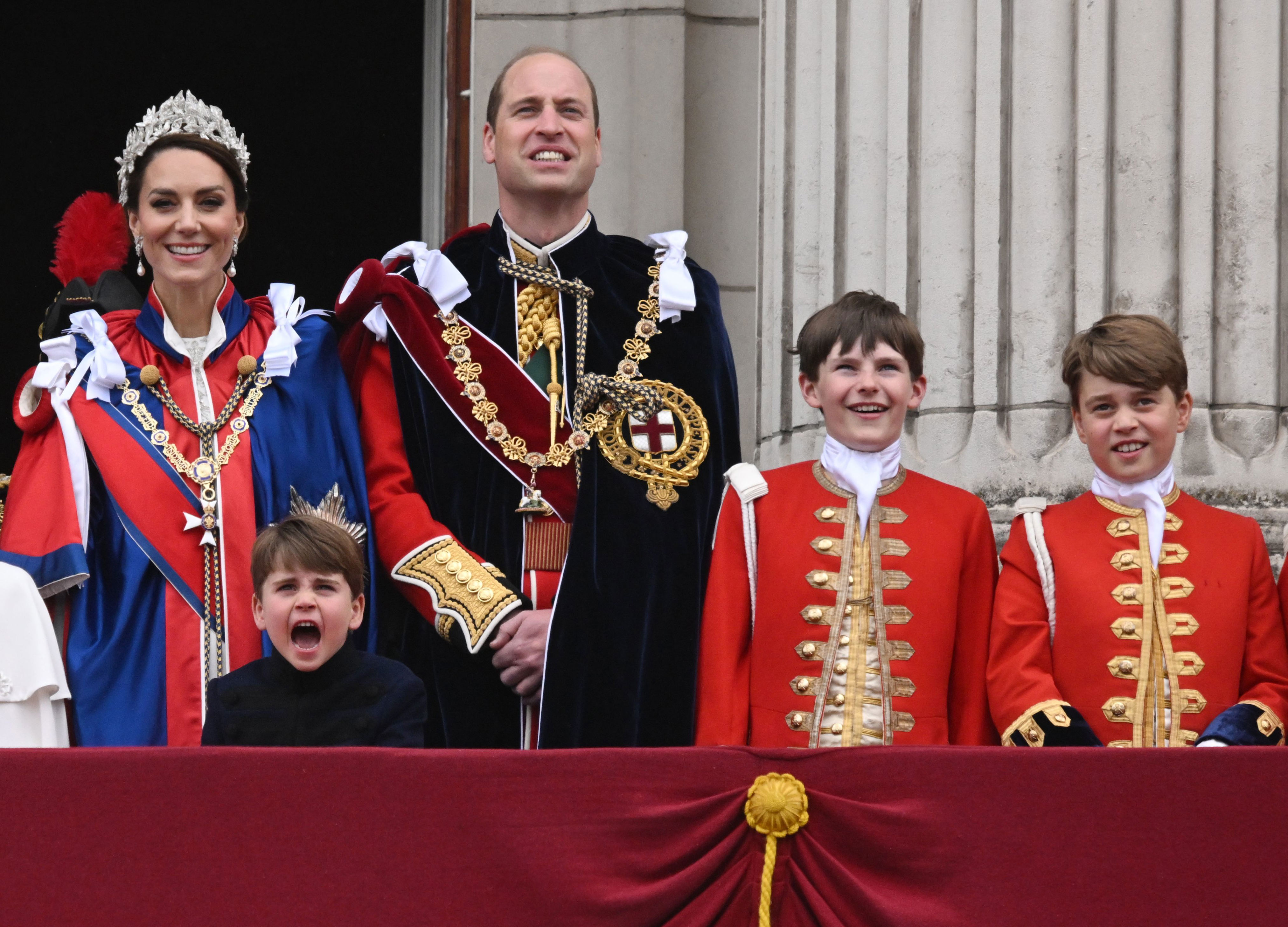 <p>Prince Louis shouted while standing with his parents -- Princess Kate and <a href="https://www.wonderwall.com/celebrity/profiles/overview/prince-william-482.article">Prince William</a> -- and brother Prince George and another page while on the balcony of Buckingham Palace in London following the <a href="https://www.wonderwall.com/celebrity/the-coronation-of-king-charles-iii-and-queen-camilla-the-best-pictures-of-all-the-royals-at-this-historic-event-735015.gallery">coronation</a> of King Charles III on May 6, 2023.</p>