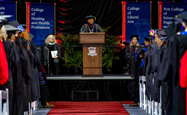 University of Southern Indiana President Dr. Ronald S. Rochon addresses the 2023 graduates during the College of Liberal Arts Commencement Ceremony at the Screaming Eagles Arena, Saturday morning, May 6, 2023.