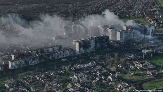Smoke rises from buildings in this aerial view of Bakhmut, the site of the heaviest battles in the Donetsk region