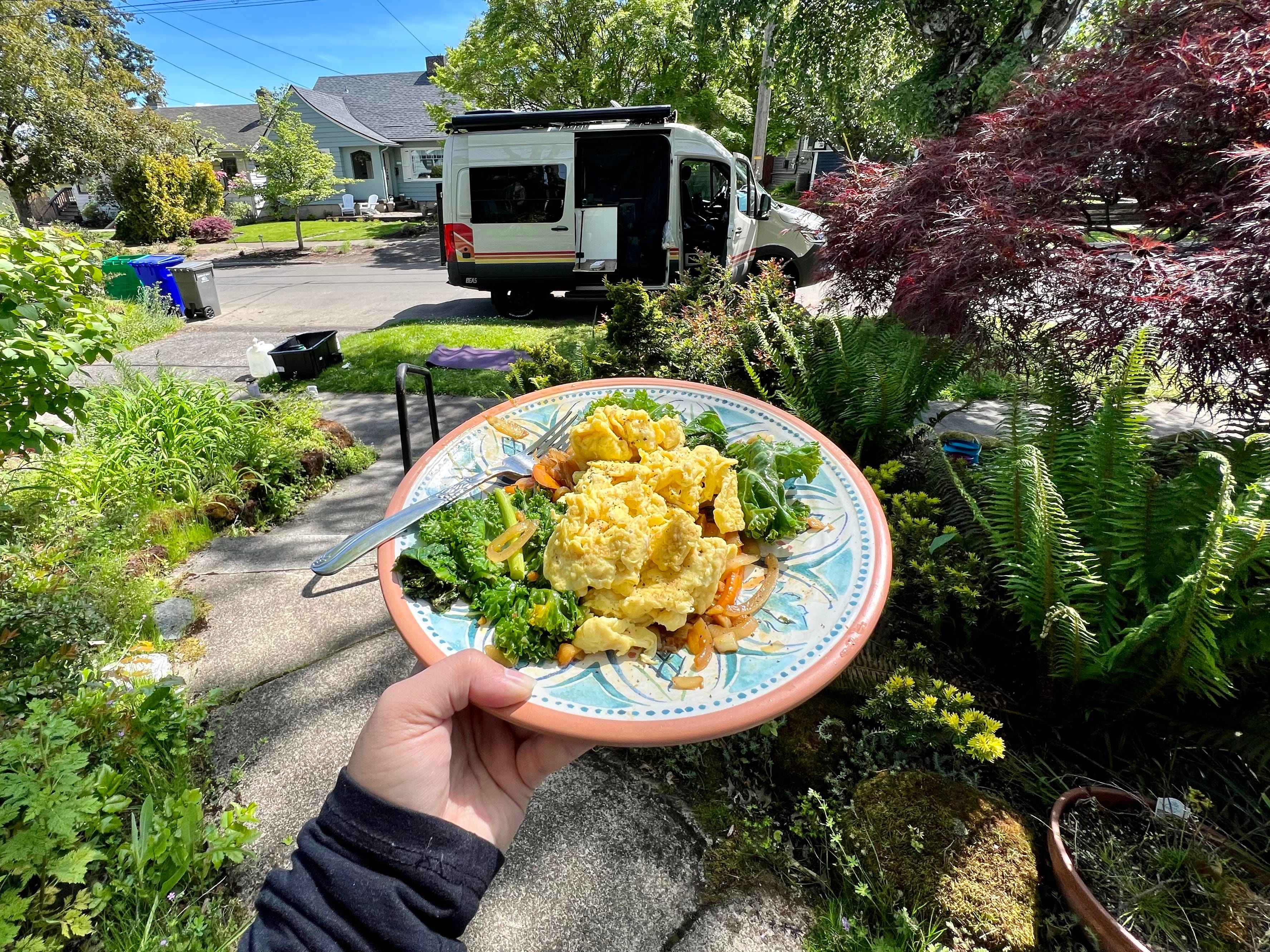 <p>Bringing groceries and cooking in the van helped us <a href="https://www.insider.com/how-much-van-life-costs-in-a-week-2022-3">save money on food</a>. The meals I enjoyed most were all homemade, and we prepared them using a portable battery and a hot plate.</p><p>We also went out to eat at various restaurants along our route. One of my favorite dishes was a crab mac and cheese that I indulged in while admiring the harbor in Newport, Oregon.</p>